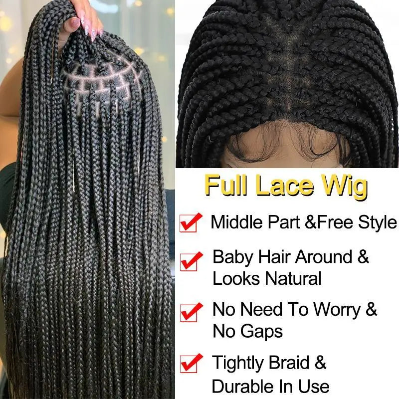 New Fashion Synthetic Braided Full Lace Human Hair Wig Women Knotless Box Braids African High Quality Glueless Wigs Braid Female